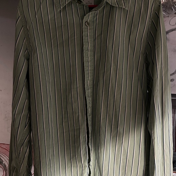 Fossil XL Full Button Up Long Sleeve Polo Shirt. Green w/Dark Blue/White Stripes - Picture 3 of 4